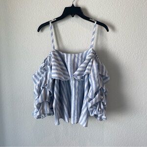 Neiman Marcus Blue & White Striped Linen Blend Coastal Blouse Size L